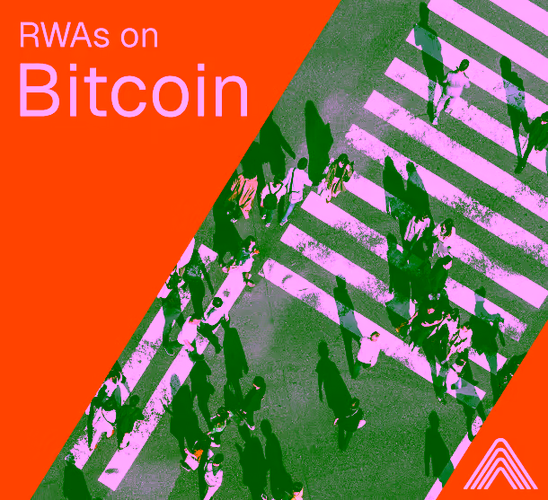 Overhead view of people crossing a street at a busy crosswalk with text 'RWAs on Bitcoin' on an orange background.