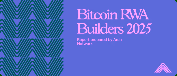 Title slide of Bitcoin RWA Builders 2025 report prepared by Arch Network on a purple background with a geometric pattern and logo.