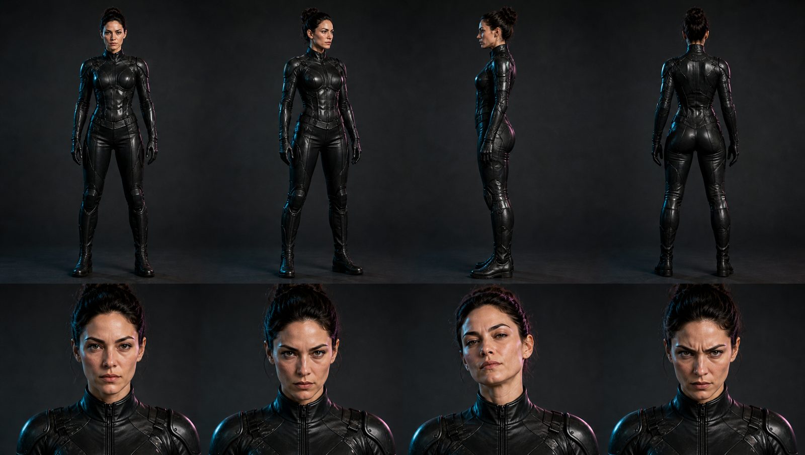 Villain Nyx in a black tactical suit