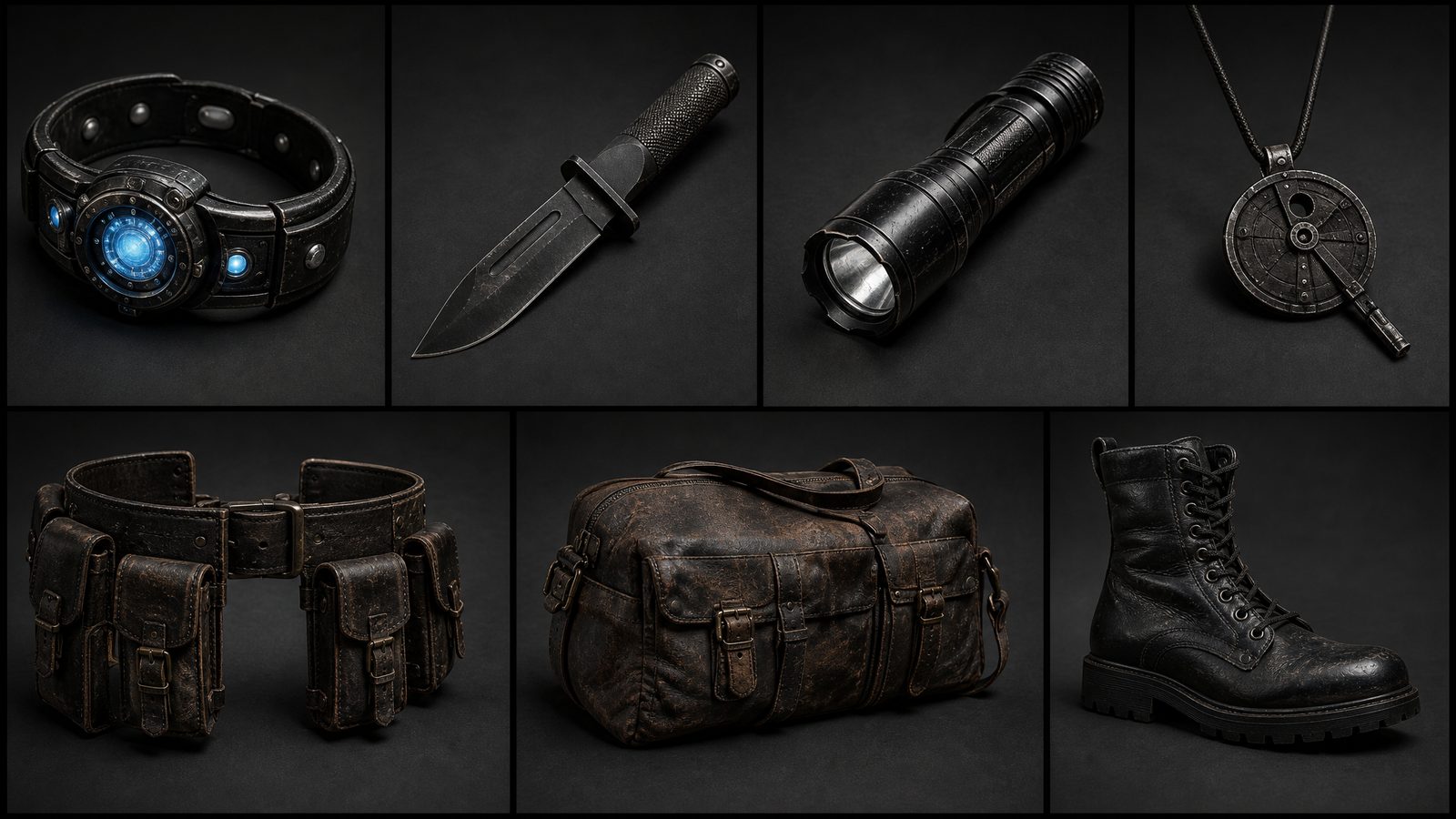 Prop sheet: wrist device, knife, torch, pendant, belt, bag and boots