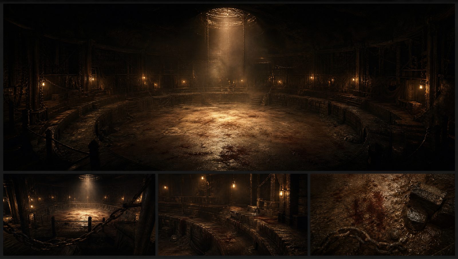 Torch-lit underground arena with a sandy fighting pit