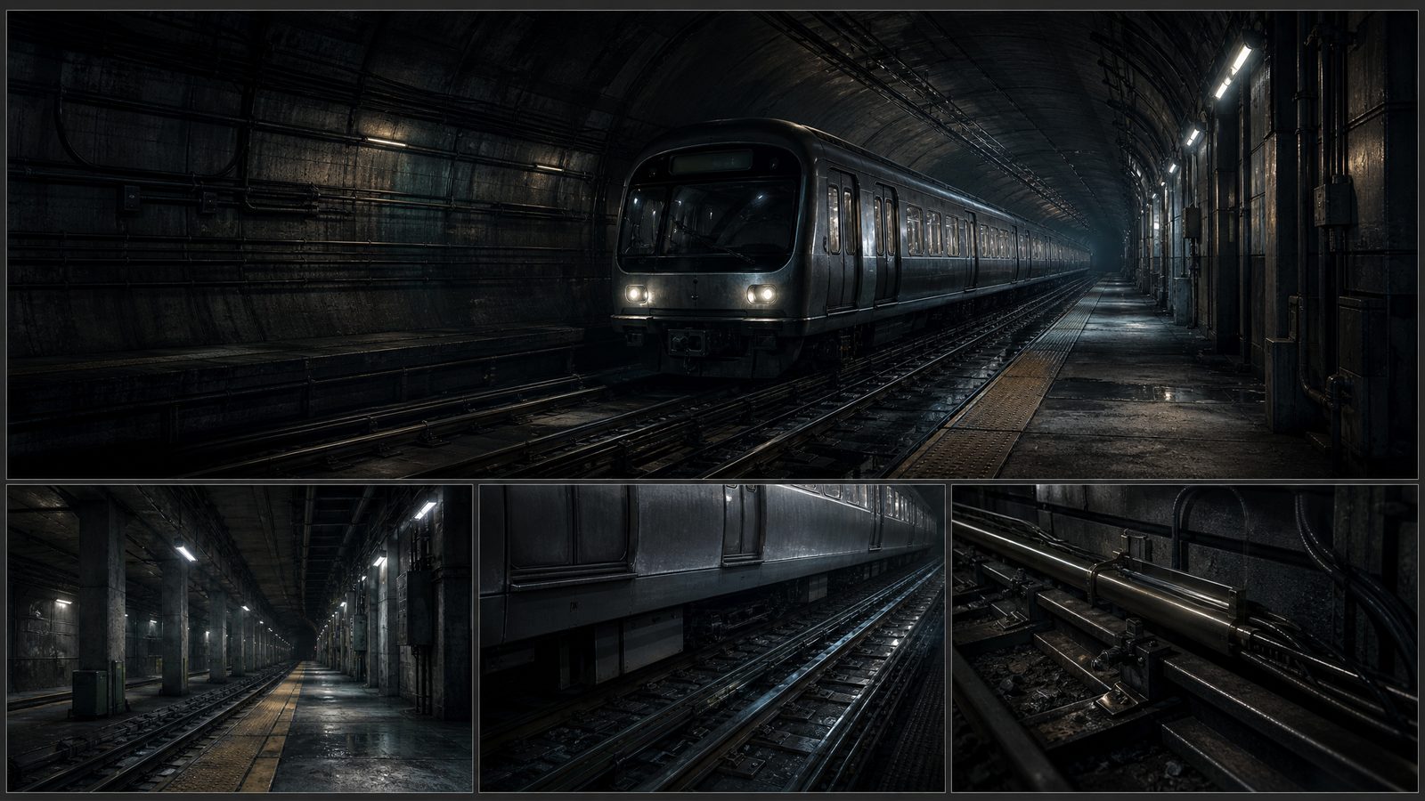 Subway tunnel with a train approaching through the dark