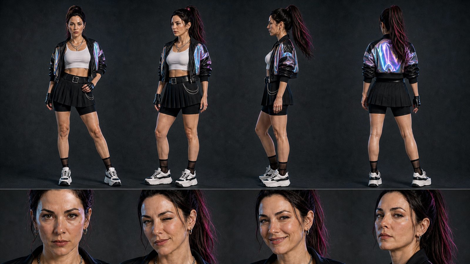 Rachel in a K-pop stage outfit with a holographic jacket