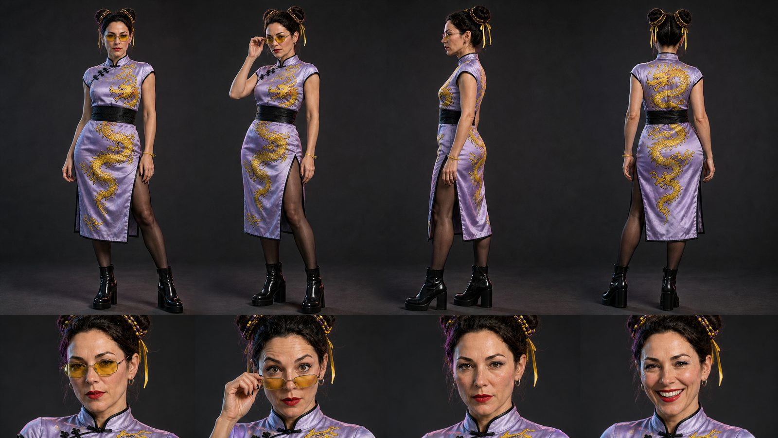 Rachel in a lilac qipao with gold embroidery and yellow glasses