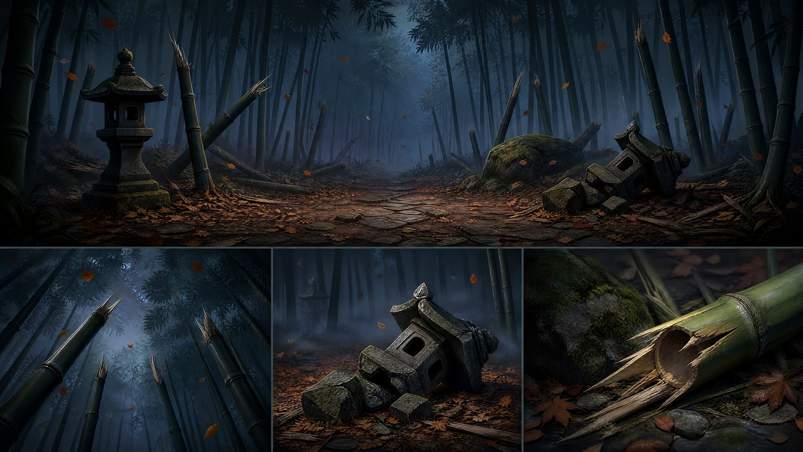 Moonlit bamboo forest with a stone lantern